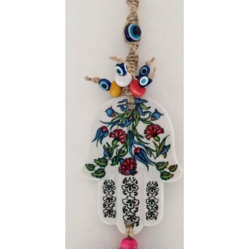 Tulip Patterned, Blue Glass Evil Eye Bead, Ceramic Wall Ornament