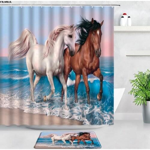 Waterproof Shower Curtains Bath Mats Set Beach Sea Wave Horse Farm Animal Highland Cow Home Decor Bathroom Rug Non-slip Door Pad