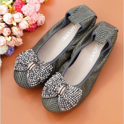 Plus Size 44 String Bead Bow Womens Ballet Flats Shoes Snake Embossed Genuine Leather Low Heels Lady Ballet Flats Loafers Shoes