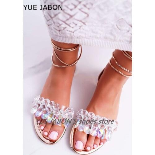 Womens Sandals Bohemia Flats Shoes Summer Crystals Bling Gladiator Rome Woman Casual Beach Elastic Band Female Sandalias 2021