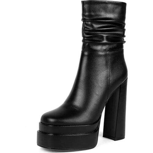 Autumn High Heeled Thick Platform Ladies Ankle Boots with Zipper Pleated Womens White Black Casual Shoes Weddings Office Party
