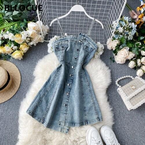 BLLOCUE Sexy Off Shoulder Sleeveless Denim Dress Summer Single-Breasted Irregular Dress Women Suspender Blue Jean Dress