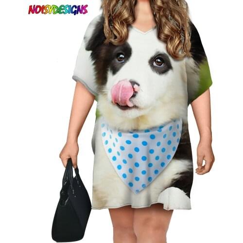 NOISYNOISYDESIGNS Dog Aniamls Pattern Womens Summer Short Sleeve T-Shirt Dress Border Collie Print Plus Size Dresses For Women
