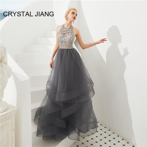 Luxury Evening Dresses Halter Beaded Gray Tulle Formal Gown Floor Length Open Back Sexy Party Gown robe de soiree