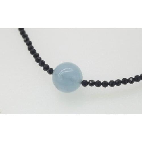 Aquamarine blue round 12mm and black spinel chocker necklace 16.5inch wholesale beads nature FPPJ woman 2018