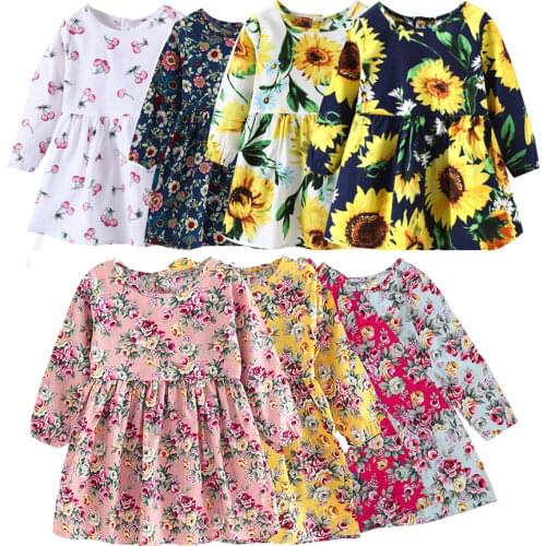 New Kids Long Sleeve Dresses Girls Flower Printed Princess Dress Summer Children Clothing 2 3 4 5 6 7 Years Girl Elegant Outfits