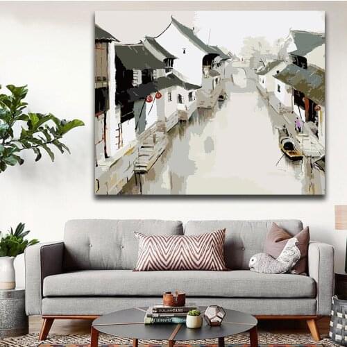 DIY colorings pictures by numbers with colors Jiangnan Water Town Chinese style picture drawing painting by numbers framed Home