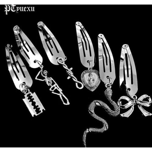 2 PCS Hair Clips For Girls Y2K Retro Hairpin Snake Flame Bow Love Bb Clip Hair Accessories Punk Gothic Silver Metal Clip 2021