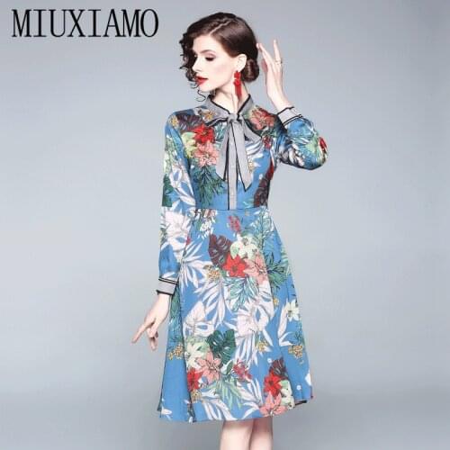 MIUXIMAO High Quality 2020 Summer&Spring Dress Newest Fashion Flower Print Knee-Length Elegant Casual Dress Women Vestidos