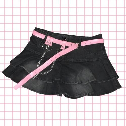 Japanese Harajuku Style Girl High Waist Ruffles Cute Black Denim Pleated Skitrs Preppy Style Sweet Mini Shorts Skirts DQ1344