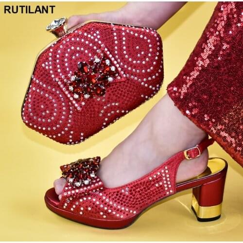Fashion Italian Women Wedding Pumps with Purse African Shoe for Women Ladies Italian Shoes and Bag Set Decorated with Rhinestone