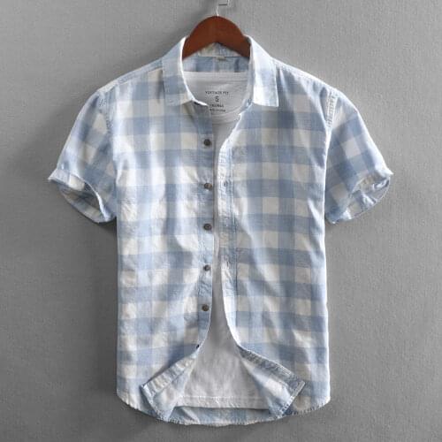 Mens Casual Plaid Shirt Spring Autumn Handsome Young Style Student Chic Wash Short Sleeve Slim Fit Cotton Peaked Collar Tops