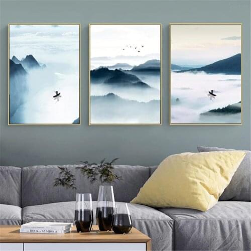 New Chinese Style Mountain Fog Boat Landscape Picture Poster Canvas Print Painting Wall Art Living Room Home Decoration