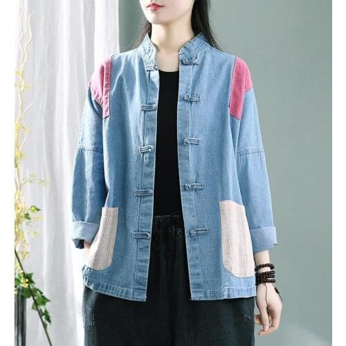 NEW denim washed women coat spring/autumn jeans jackets vintage chinese style stand collar shirt cardigan causal clothing