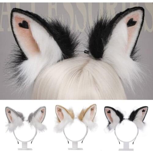 Lolita Plush Animal Hair Hoop Rabbit Ears Headwear Furry Hairband with Heart Anime Kitty Fancy Dress Cosplay Accessories