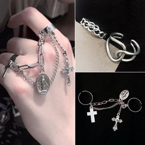 Simple Cross Link Chain Ring for Women Goth Punk Round Portrait Retro Open Ring Set Hip Hop Party Fashion Jewelry Trend New 2021