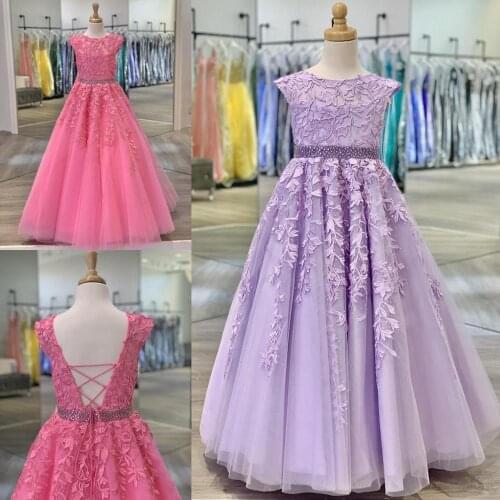 Cap Sleeve Pageant Gown for Little Girl 2020 Ballgown Style Tulle Skirt Lace Floral Applique Lace-Up Back Long Kids Party Dress