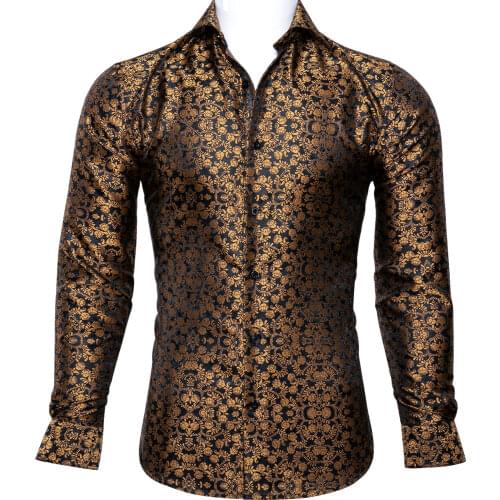 Barry.Wang Luxury Gold Floral Silk Shirts Men Long Sleeve Casual Brown Shirts For Men Designer Fit Dress Shirt BCY-0025