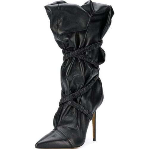 Newest Winter New Black Pointed Toe Pleated Mid-calf Boots Woman Stiletto Heels Cross Ropes Short Boots Big Size 48