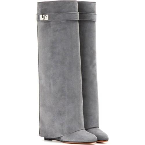 Fall Winter Best Selling Black Green Shark Lock Long Boots Folded Suede Leather Wedge Heel Knee Boots Height Increasing Boots