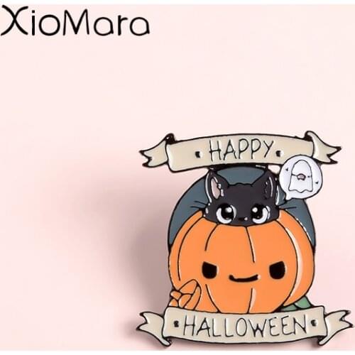 Happy Halloween Enamel Pin Pumpkin Elf Ghost Black Cat Witches Jewelry Magic Hat Wizard Brooches Badges Lapel pins