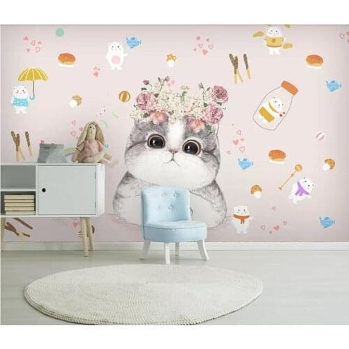 Nordic modern contracted cartoon kitten flowers children room background wall decoration wallpaper mural