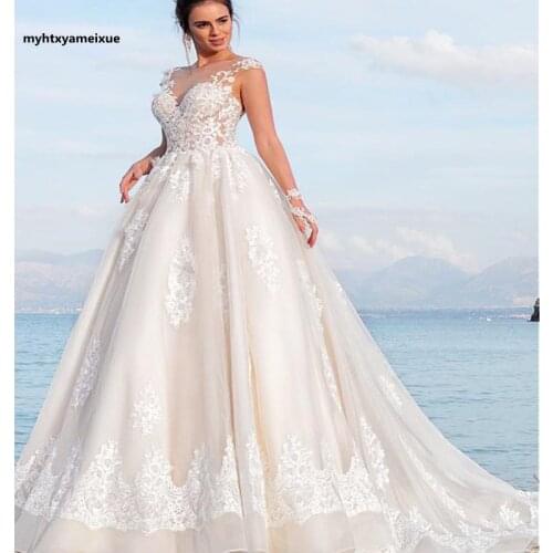 Vestidos De Novia 2020 Wedding Dress Champagne gauze applique tulle bridal wedding gown Soft mesh O-neck with double shoulders