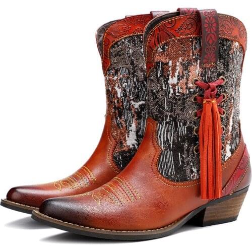 Vintage Splicing Printed Ankle Boots For Women Shoes Woman Genuine Leather Block Zipper 3CM Thick High Heels Fringe Women Boots