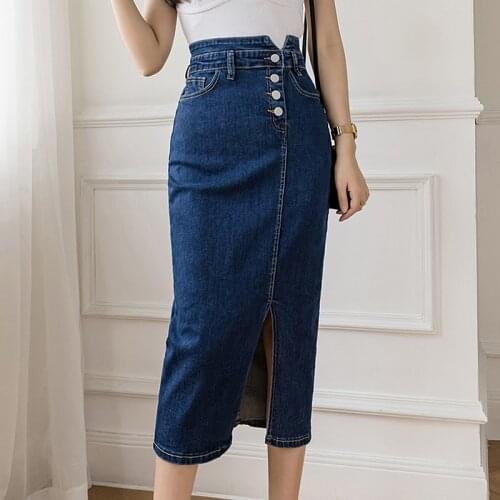 Sexy Split Pencil Denim Skirts Women Summer High Waist Buttons Long Jeans Skirts Korean Plus Size Skinny Skirts jupe femme