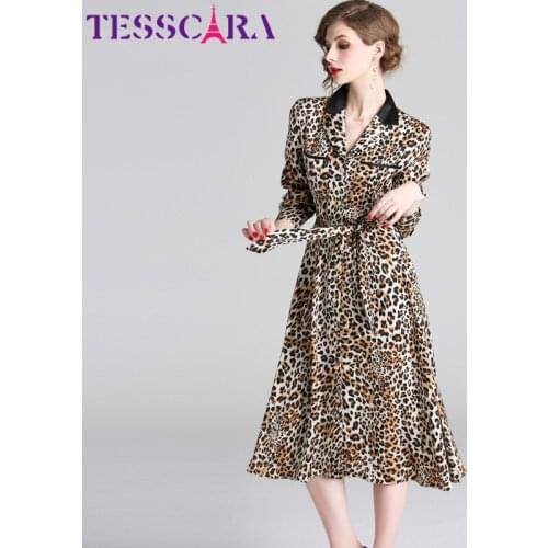 TESSCARA Women Autumn Elegant Office Dress Shirt Festa Female High Quality Vintage Robe Femme Leopard Designer Long Vestidos