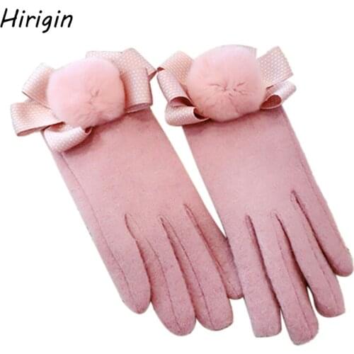 Women winter warm Cashmere Gloves Realistic Skin Thermal Touch Screen Mittens Pom design Cycling Fluff Cold-proof Finger Sleeve