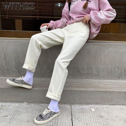 WITHZZ Spring Autumn Womens High Waist Denim Pants Loose Droop White Straight Wide Leg Trousers Asian Size Jeans