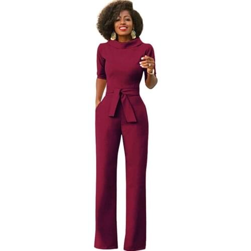 Elegant Office Work Wear Business Formal Jumpsuits 2018 Women Half Sleeve Pockets Wide Leg Pants Romper Fashion Overalls Sashes