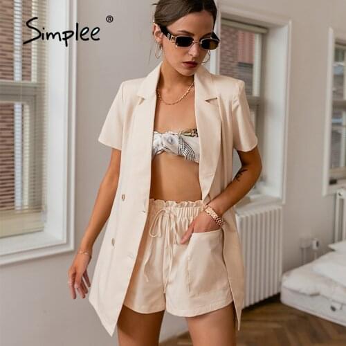 Simplee Office lady solid women two pieces set summer Short sleeve blazer jacket drawstring shorts pocket High street suit 2021