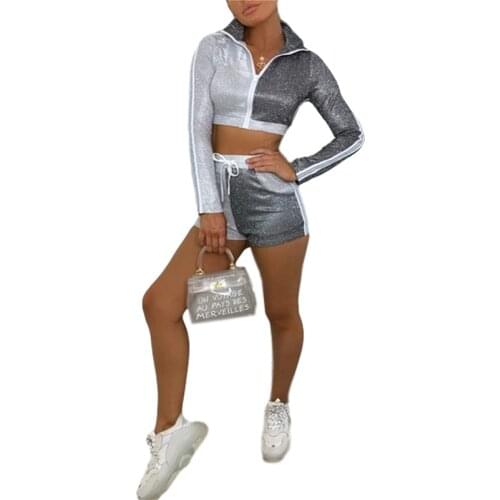 Womens Splice Two Pieces Sports Suit Lapel Collar Zipper Front Crop Tops Shorts Slim Clothes for Daily Sports and Exercise Sets