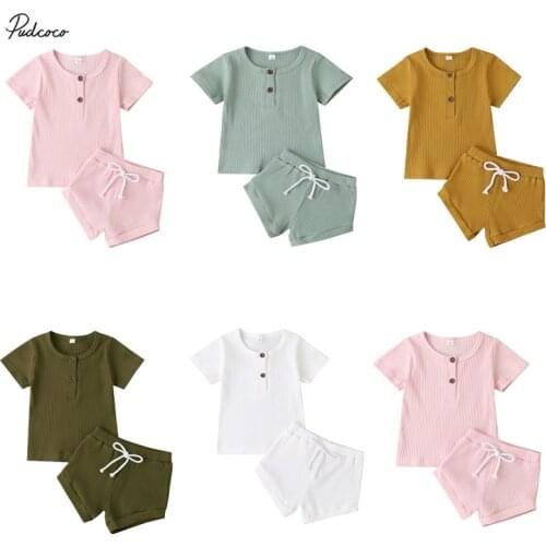 2020 Baby Summer Clothing Child Infant Baby Girls Boys Clothing Short Sleeve Solid Color Ribbed Top T Shirt Shorts Clothes