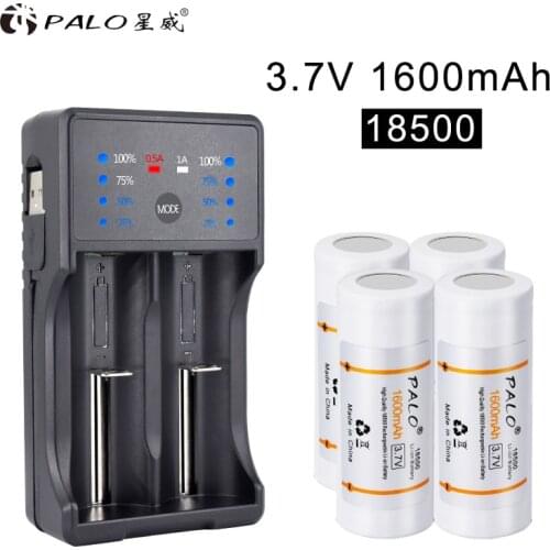 PALO 18500 Battery 3.7V 1600mAh Rechargeable Battery 18500 Bateria Recarregável Lithium li-ion Batteies Baterias with charger