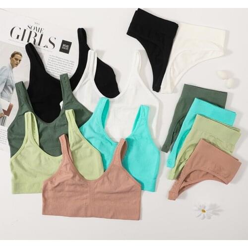 2PCS Women Bra Set Seamless Unlined Bra High Waist Thongs Fashion Bralette Crop Top Female Sexy Lingerie Underwear & Sleepwear