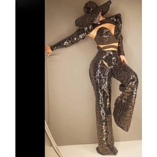 Black Sequins Bra Pant Shawl Cap Outfit Set party girl women stage show Reflective Outfit Set sexy dance wear