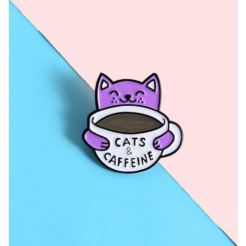 Cartoon cute animal cat enamel brooch purple coffee cup pin alloy badge woman jewelry clothes bags accessories gifts for friends