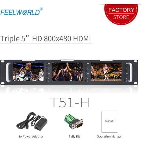 Feelworld T51-H Triple 5 inch 2RU Leightweight HDMI Broadcast Monitor LCD TFT 800x400 HDMI AV Rack Mount Monitor for Broadcastin