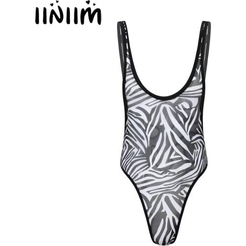 Iiniim Black Male Sheer Mesh Zebra Bodysuit Romper Skinny Teddies Singlet Lingerie Jockstraps Underwear for Man Bodystocking