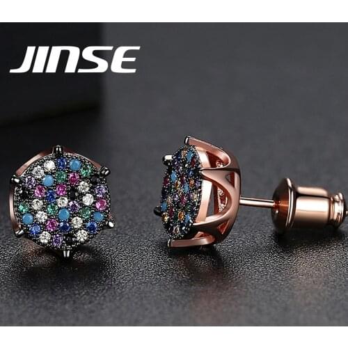 JINSE 10MM Punk Mens Multicolor Cubic Zirconia Iced Stud Earrings Hip Hop Copper Bling CZ Geometric Earring Fashion Jewelry