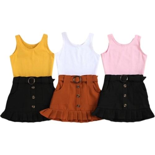 Toddler Girl 2Pcs Summer Fashion Outfits Sleeveless Solid Color Bodysuit Top + Belted Button Skirt Set 6M-4Y