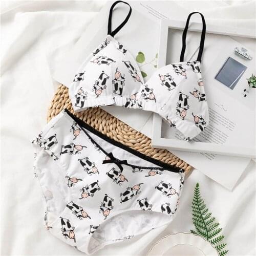 Women French Triangle Cup Bra Sexy Lingerie Set Cute Cartoon Cow Underwear Panties Comfortable Cotton Wire Free Bralette Briefst