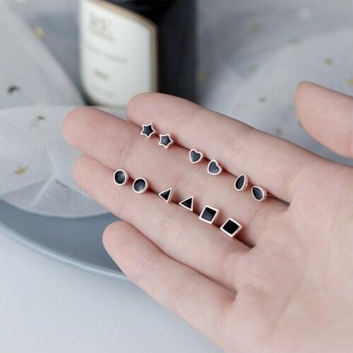 Cute Small 1PAIR 100% Real. 925 Sterling Silver Fine Jewelry Black Enamel Heart Square Round Star Piercing Stud Earrings C-E8687