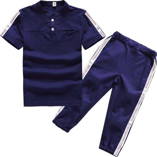 Fashion e Boys linen Clothing Sets Kids Summer Clothes navy blue sky blue t-Shirt and Side Pipe Stripe Pants 2pc Children Sets