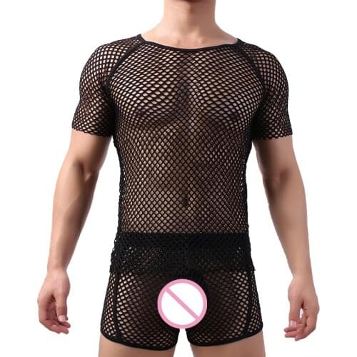 Men Undershirt Sets Shorts Sleeve T-shirts Boxer Shorts Sexy Mesh Fishnet Transparent Underwear Sleepwear Slip Homme Causal Suit