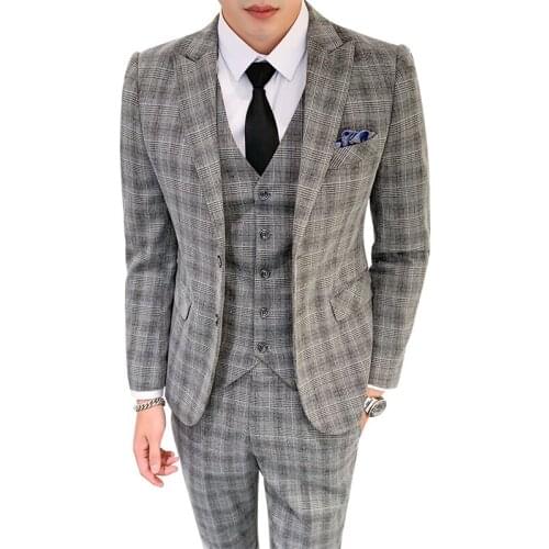 2021 Mens Business Plaid Official Suit Coat Pants Vest 3 PCS Set / Gentleman Groomsman Blazer Jackt Trousers Waistcoat S-5XL