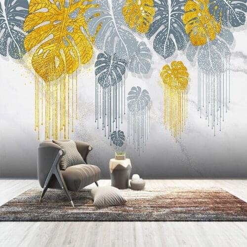 Custom Any Size Mural Wallpaper Modern Fashion Light Luxury 3D Hand-painted Gilt Tropical Plant Leaves Wallpaper Papel De Parede